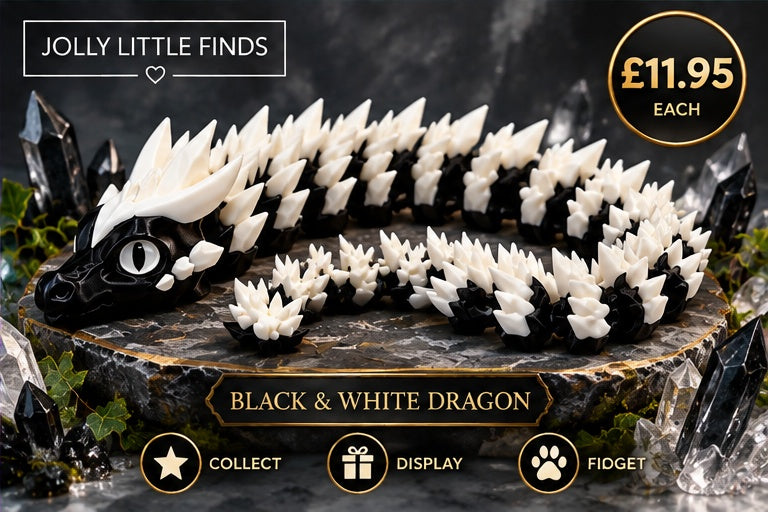 Black and white articulated 3D dragon on fantasy display background