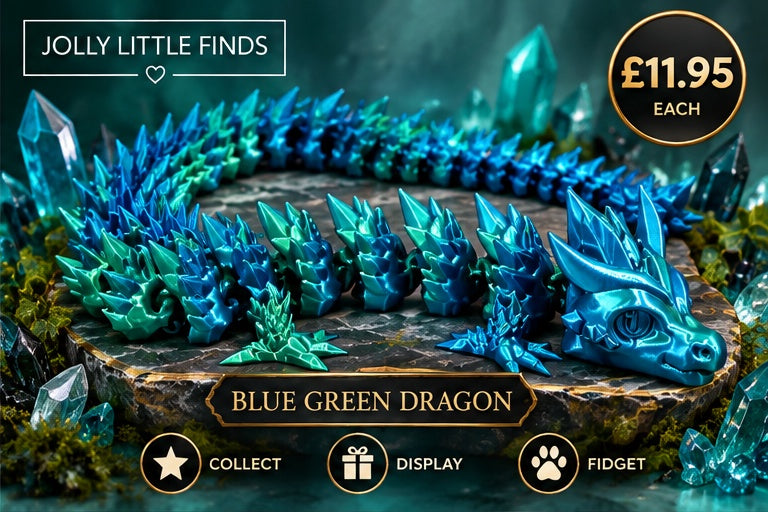 Blue and green articulated 3D dragon on fantasy display background