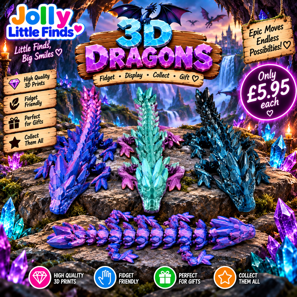 Crystal articulated 3D dragons - Jolly Little Finds