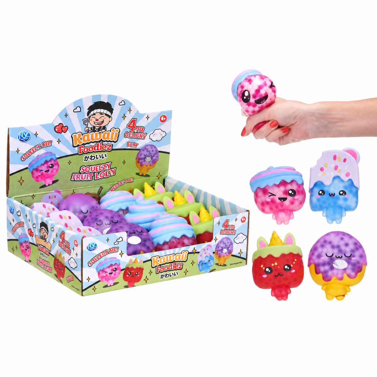 Kawaii Foodiez Fruit Lolly Squeezy 6cm display and four assorted designs