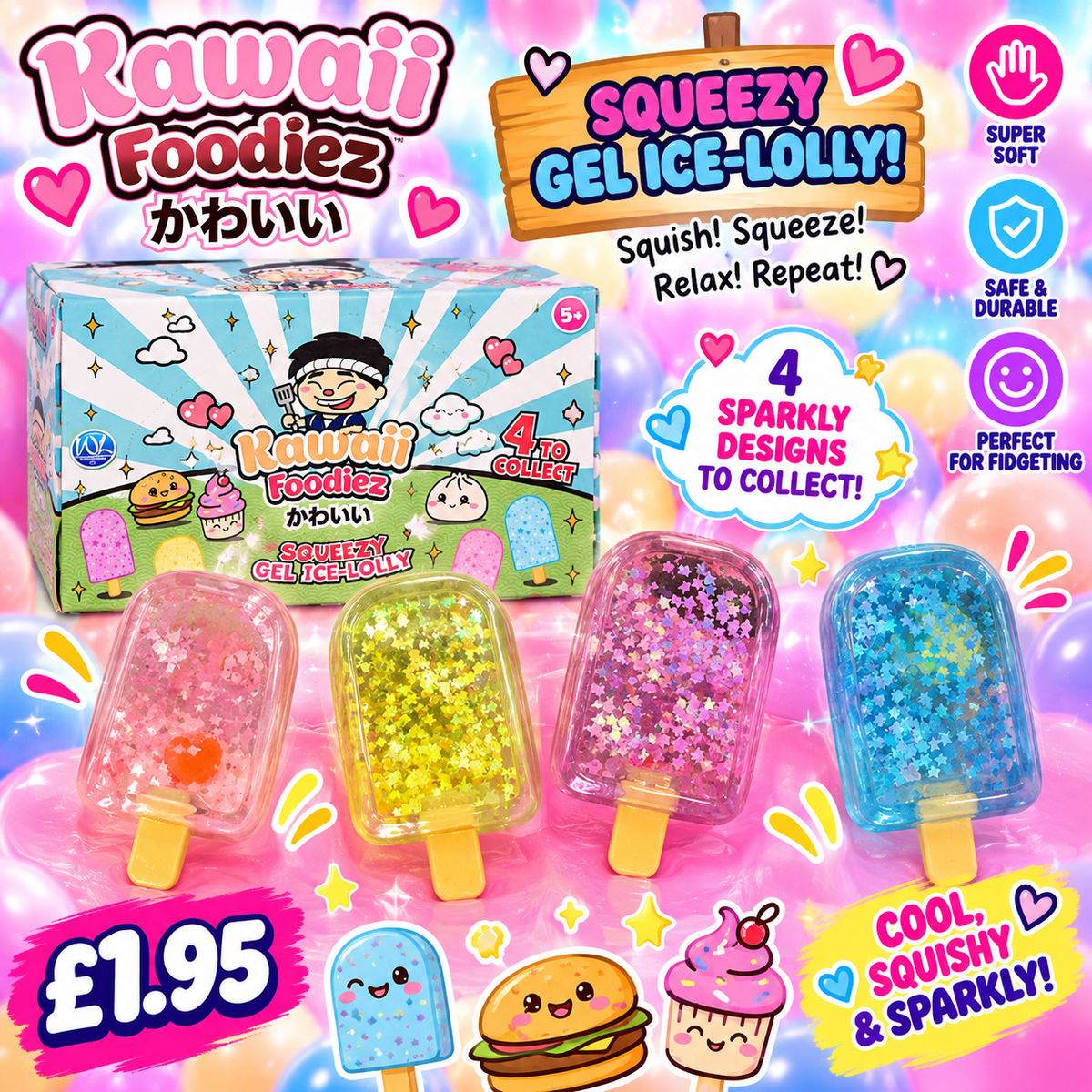 Kawaii Foodiez Squeezy Gel Ice-Lolly - four sparkly designs