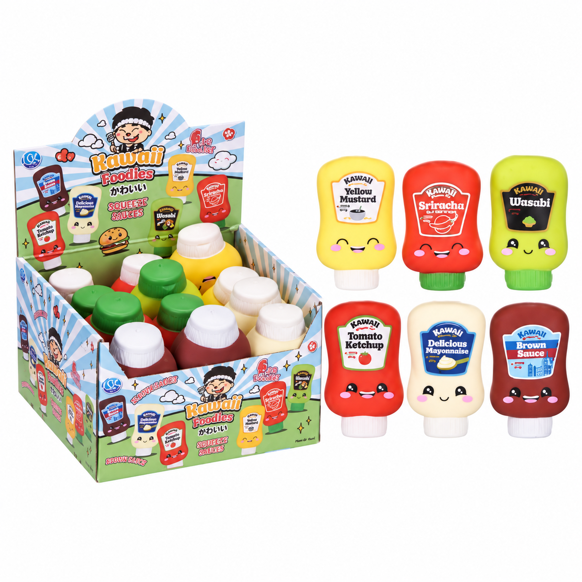 Kawaii Squishy Squeeze Sauces 10cm display and six assorted bottle designs