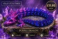 Purple and blue articulated 3D dragon on fantasy display background