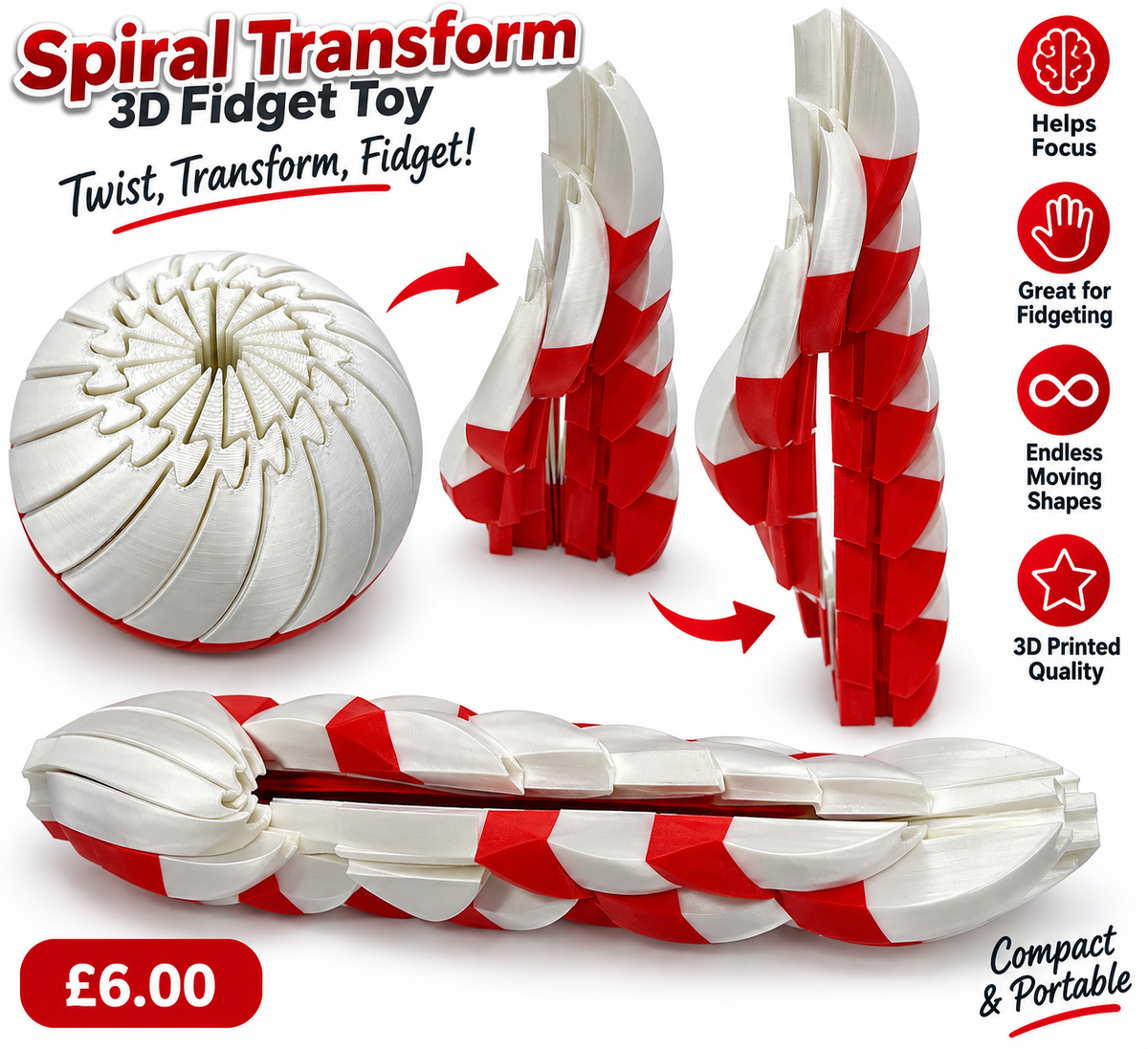 Red and white Spiral Transform 3D printed fidget toy