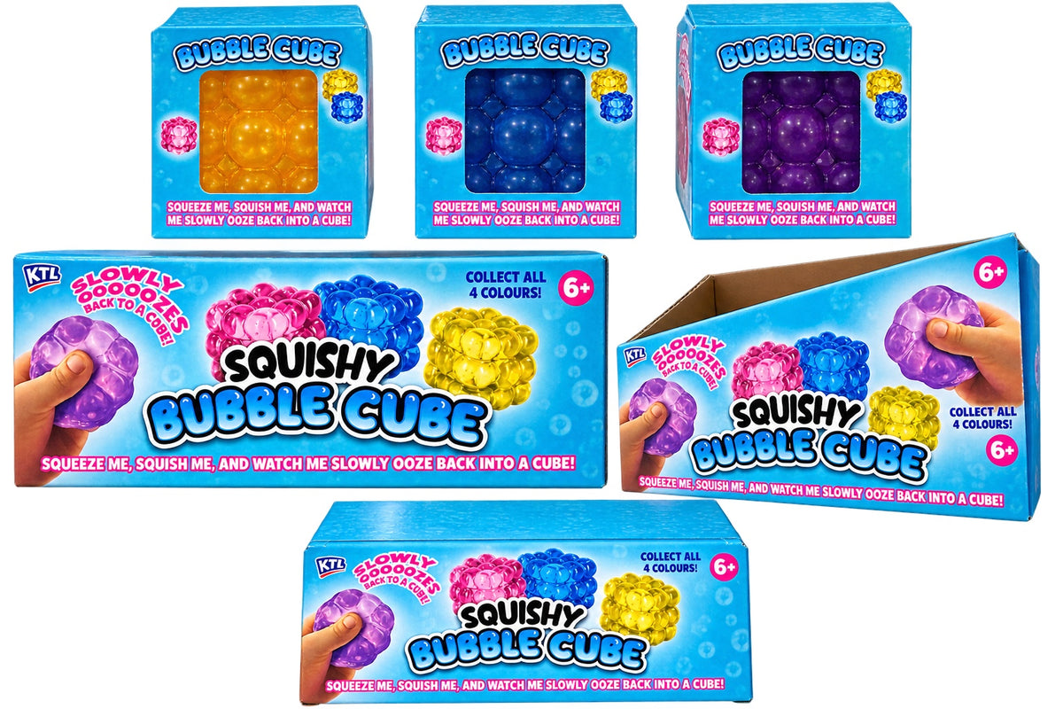 Squishy Bubble Cube slow-ooze sensory toy available in four colours