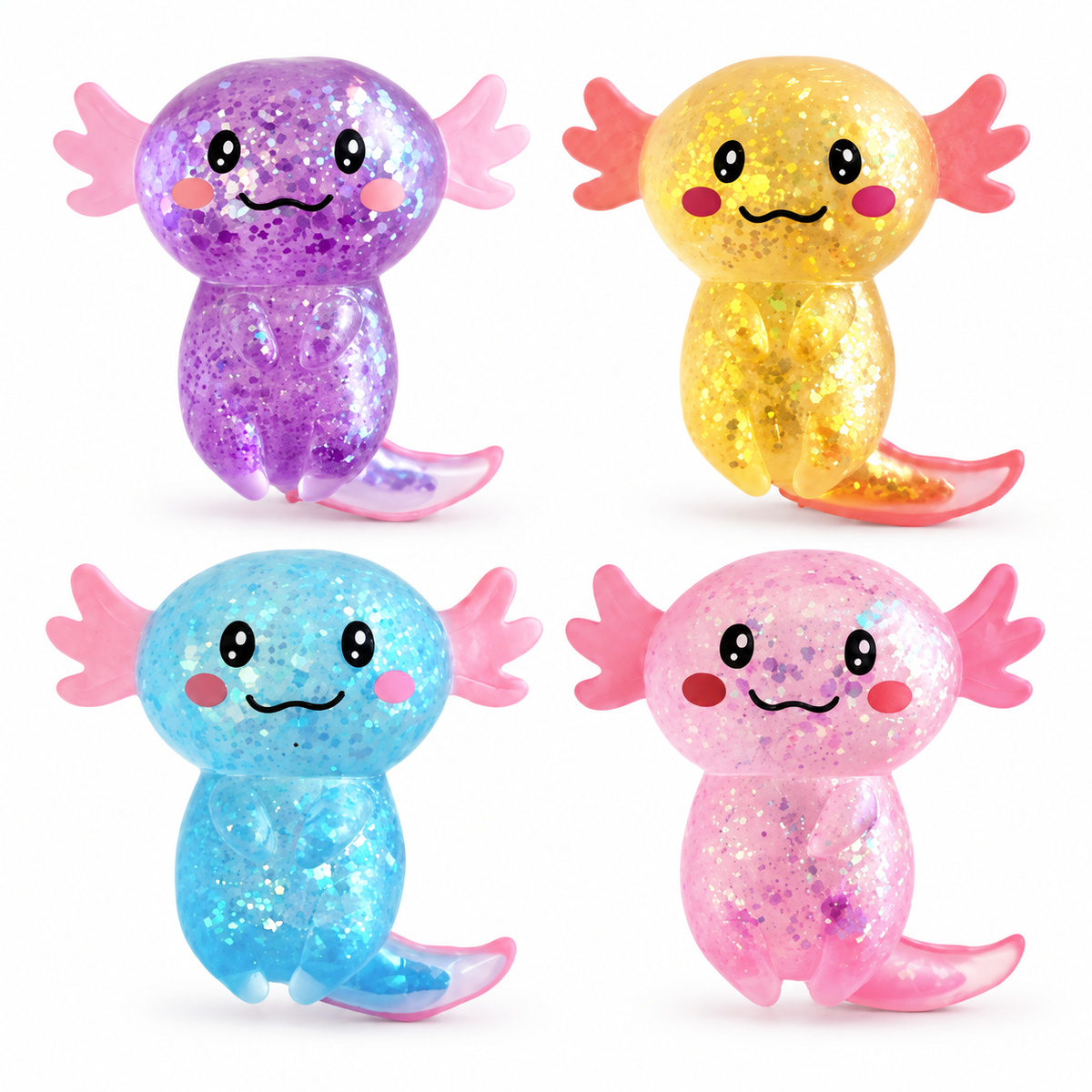 Four assorted sparkly axolotl squishy toys