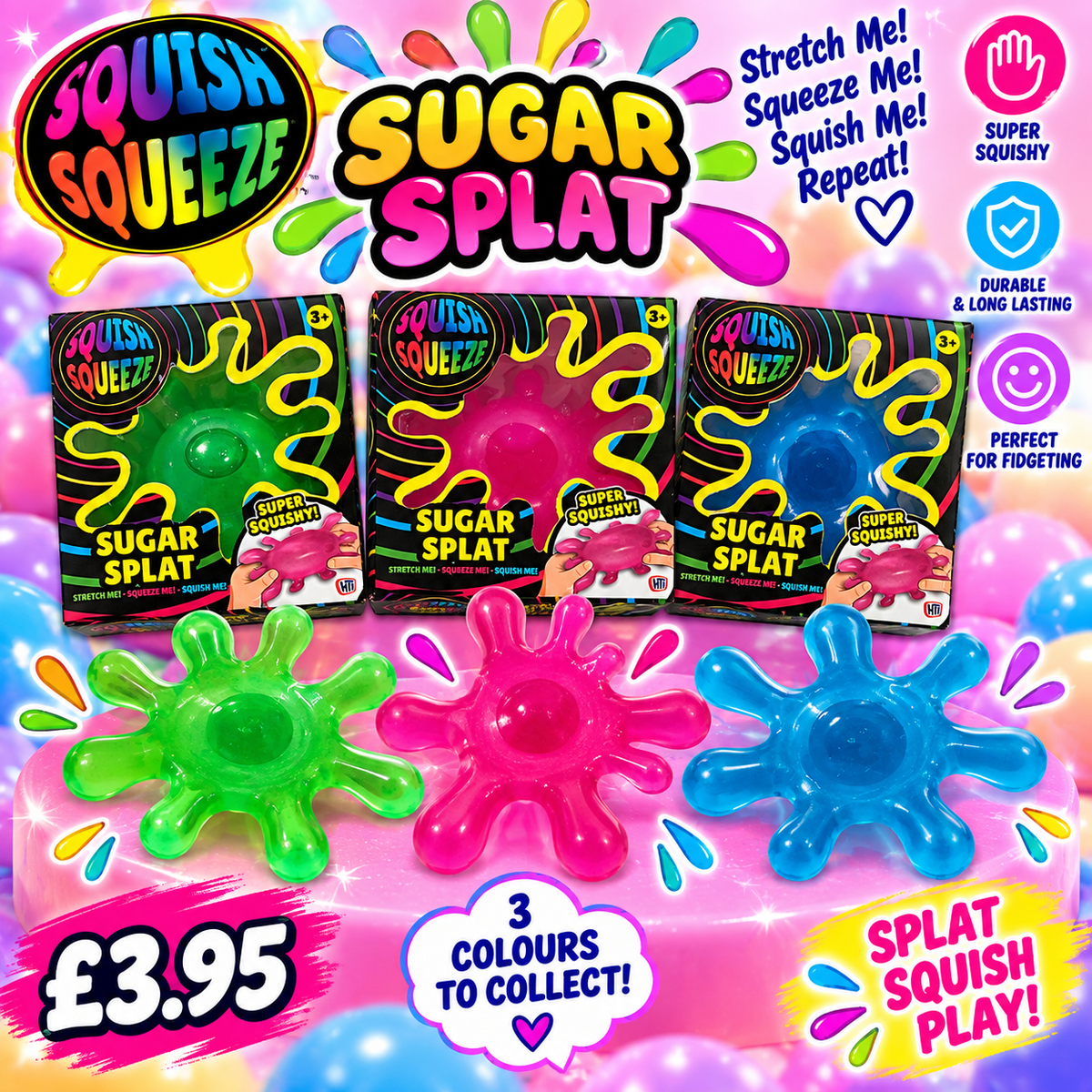 Sugar Splat Squish Squeeze sensory toy in three colours