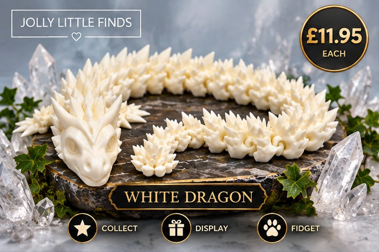 White articulated 3D dragon on fantasy display background